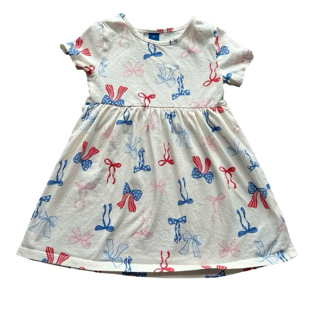 Old Navy T-Shirt Dress Size 3T Cream Bows Graphic Crew Neck Classic Pullover